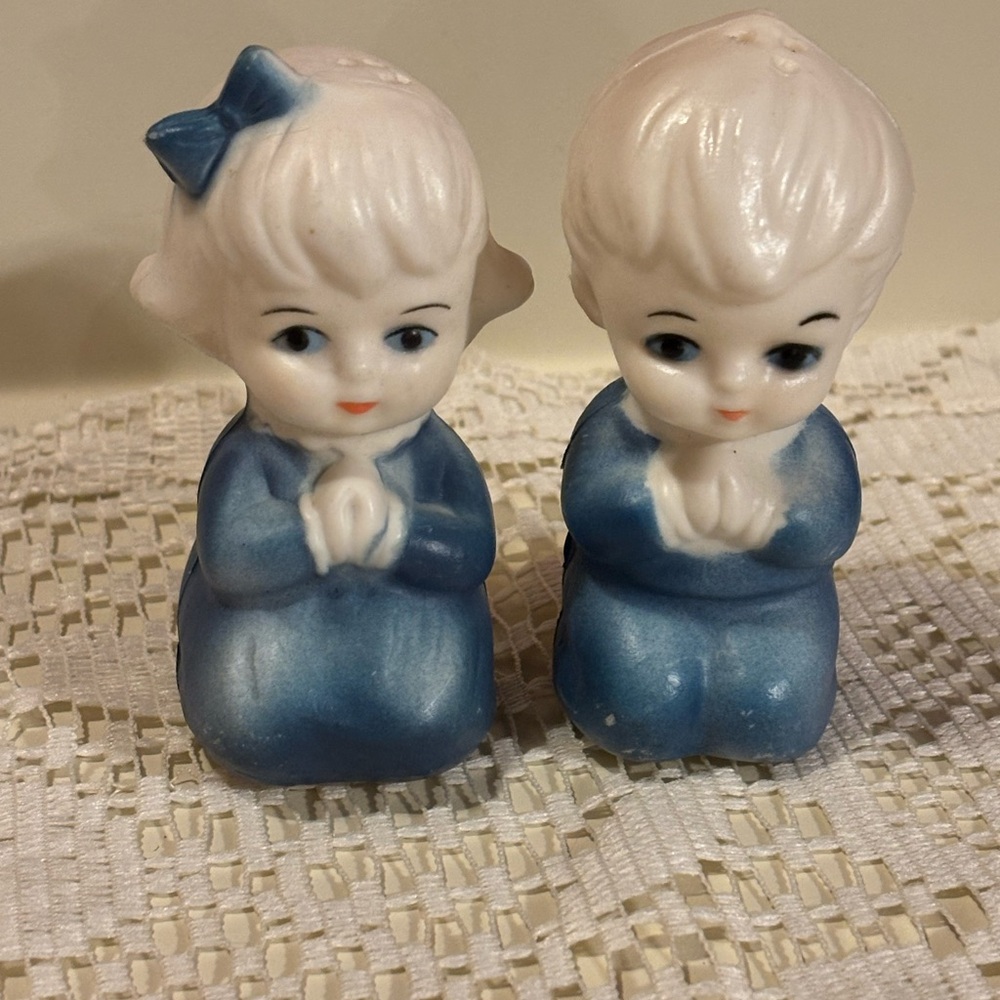 Vintage Blue and White praying boy and girl salt and pepper shakers